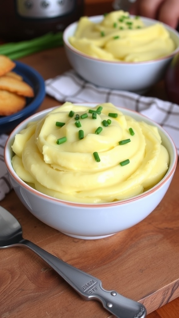 Creamy mashed honey gold potatoes in a bowl, garnished with chives, on a wooden table.